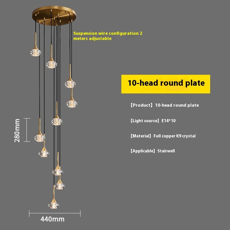 Copper Rotating Stairs Simple Modern Light Luxury Crystal Chandelier